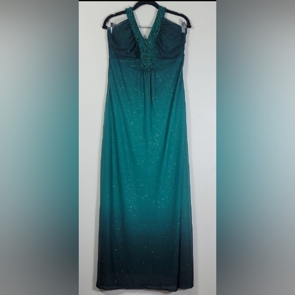Y2K Vintage Sparkly Beaded Halter Maxi Gown Dress Size 10 Green Ombre Formal 90s - Picture 2 of 13